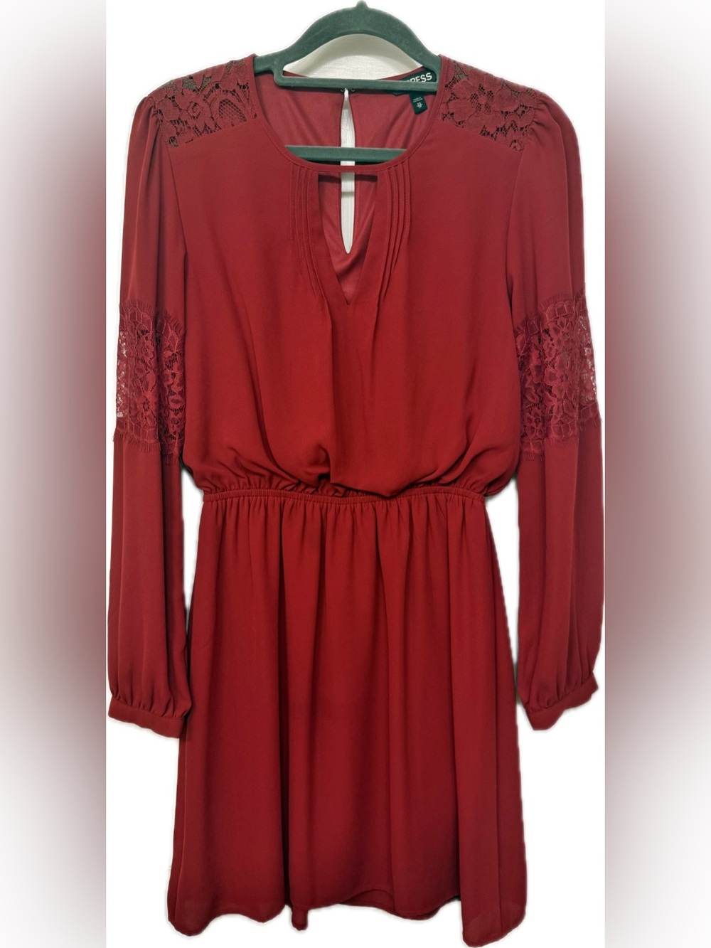 Express Long Sleeve Yoke Lace-Trim Keyhole Mini Dress Burgundy Maroon Festive